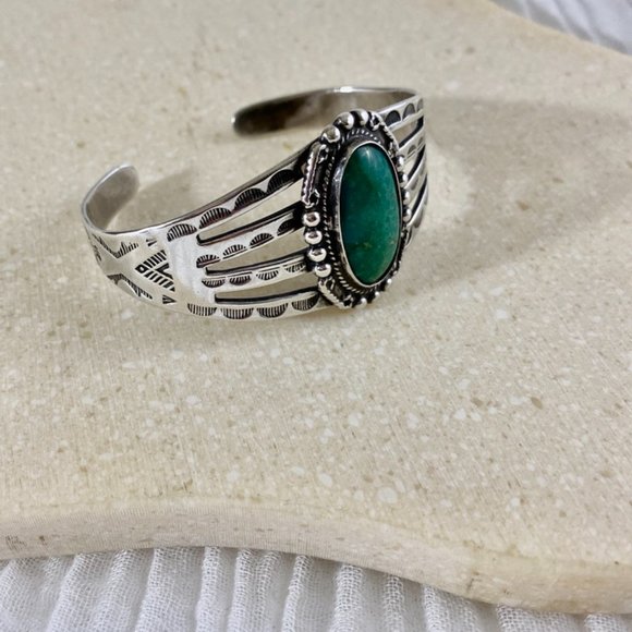 Fred Harvey Era Navajo Sterling Green Cuff Vintage - Picture 10 of 10